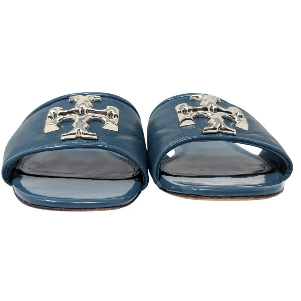 Tory Burch Eleanor Sandals Brisk Blue Leather Slides Logo‎ Size 8
